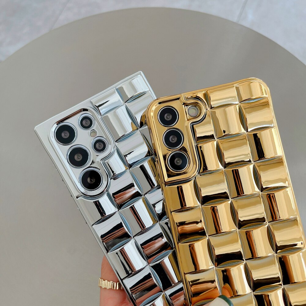 Luxury 3D Plating Squares Weave Pattern Phone Case For Samsung S22 Series