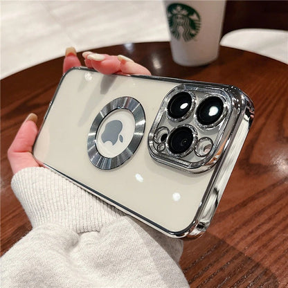 Luxury Plating Logo Hole Transparent Case For iPhone 14