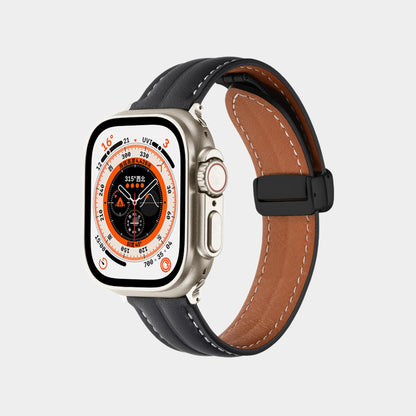 Magnetic Folding Buckle Groove Leather Band  For Apple Watch