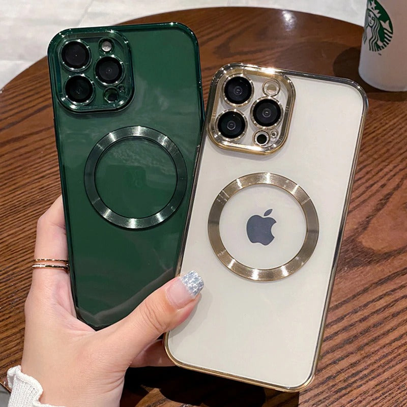 Luxury Plating Logo Hole Transparent Case For iPhone 14